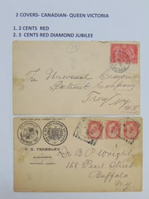 2 covers, Canadian with Queen Victoria stamps, P.O. Tremblay Numismate, Montreal Canada