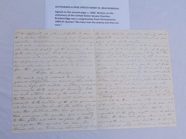 Written speech by Henry M. Brackenridge signed, written on United States Senate Chamber Stationary,