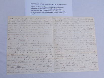 Written speech by Henry M. Brackenridge signed, written on United States Senate Chamber Stationary,: Written speech by Henry M. Brackenridge signed, written on United States Senate Chamber Stationary, signed on second page, circa 1840, Brackenridge was congressman from Pennsylvania 1840-41, in the sp