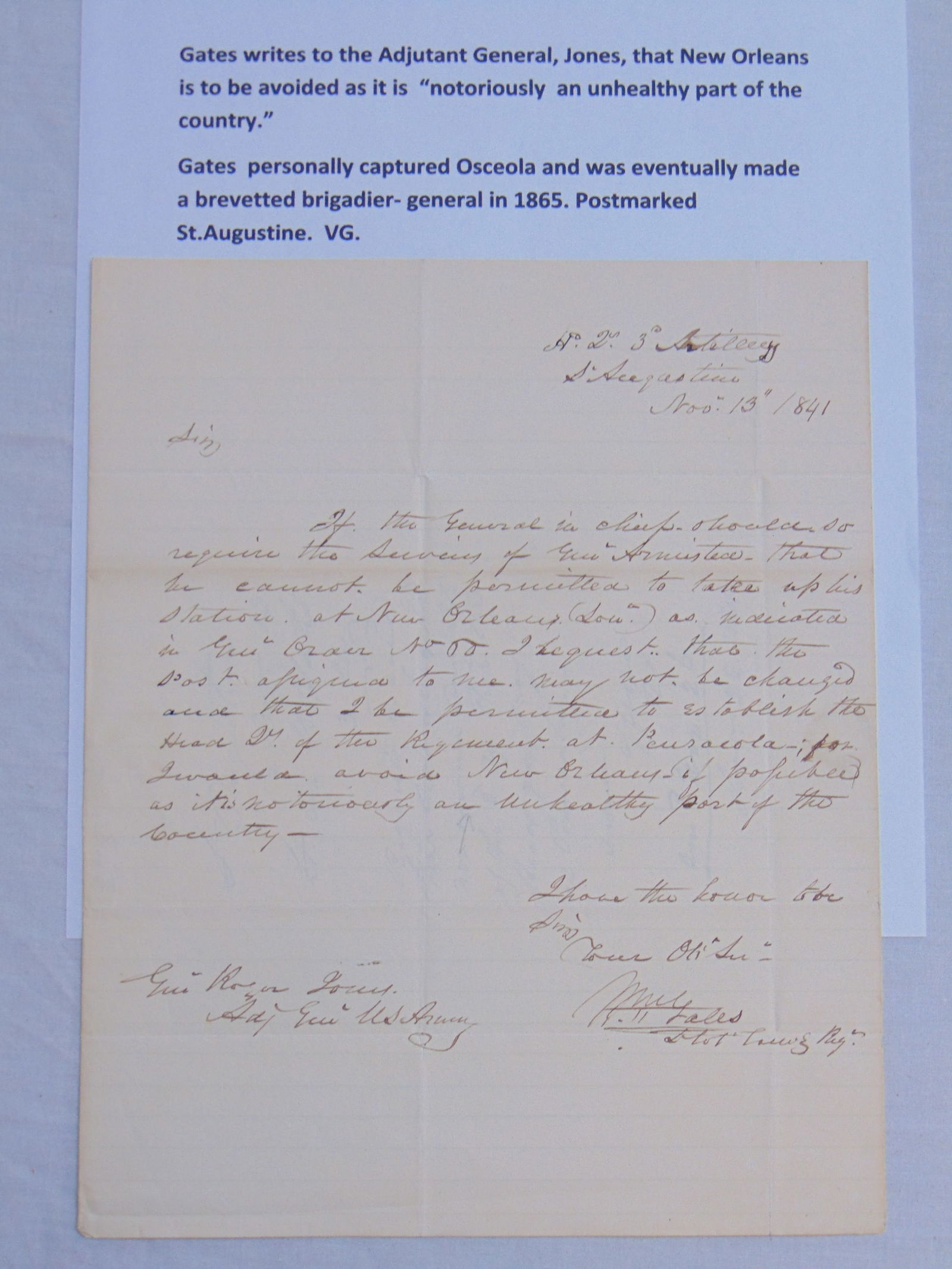 ALS, Major William Gates to Gen. Roger Jones, 1841, Gates writes to the Adjutant General Jones that (1 of 7)
