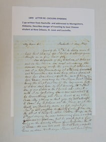 1849 Letter regarding Cholera epidemic, written from Nashville and addressed to Montgomery, Alabama,