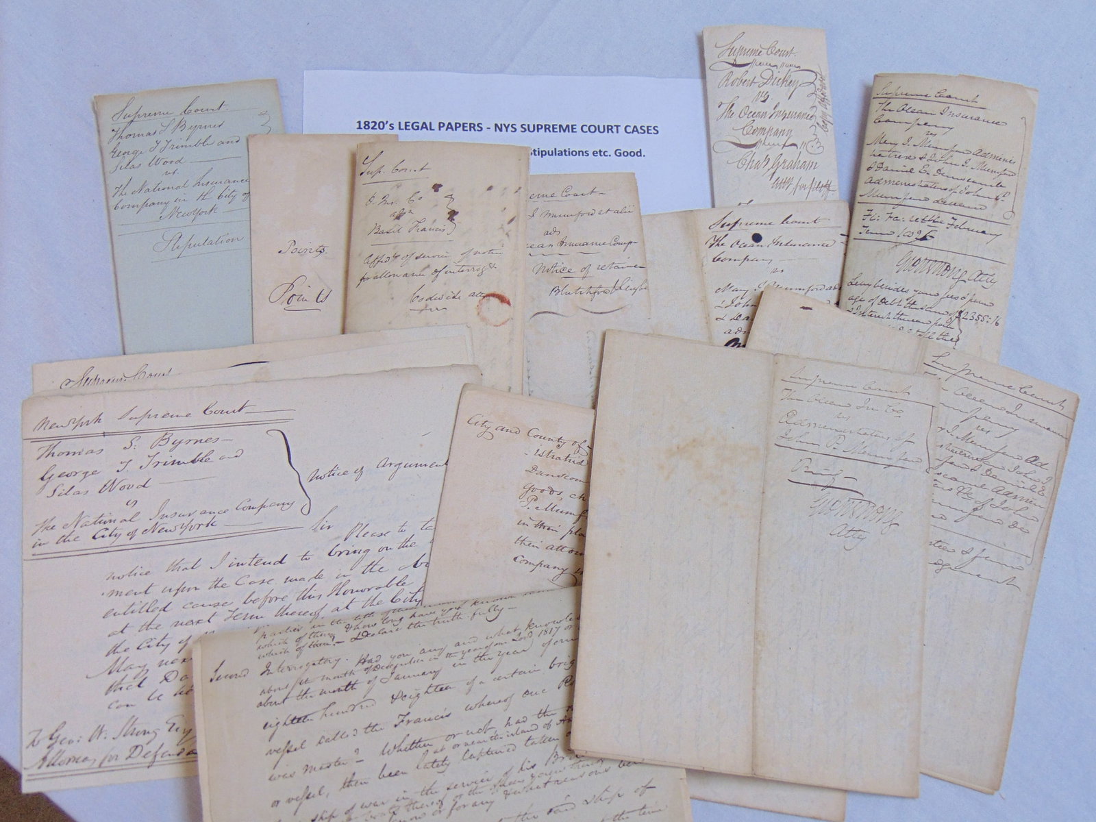 Large lot of 1820's legal papers, letters, New York Supreme Court cases, various subjects including: Large lot of 1820's legal papers, letters, New York Supreme Court cases, various subjects including notice of retainer, Stipulations, more, includes 15 pieces.