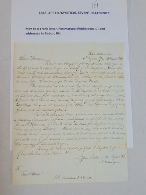 1843 letter, "Mystical Seven", fraternity, may be a prank letter, postmarked Middletown, CT and (1 of 5)