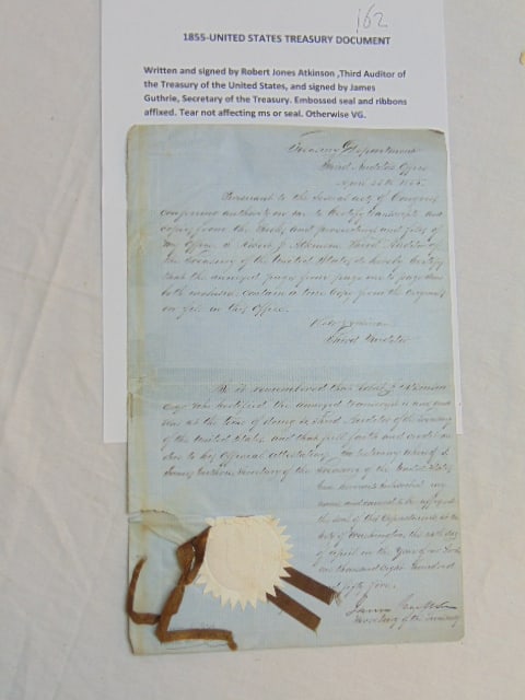 1855 United States Treasury document, written and signed by Robert Jones Atkinson, third auditor of (1 of 6)