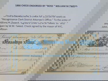 1866 check endorsed by "Boss" William M. Tweed, on the Broadway bank, check for $125 for salary as