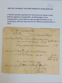 1807 New York City Payment voucher signed by Jacob Morton, in British Pounds, payment for work done