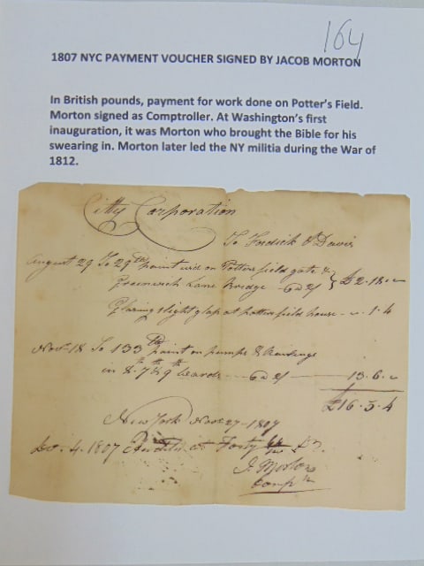 1807 New York City Payment voucher signed by Jacob Morton, in British Pounds, payment for work done (1 of 4)