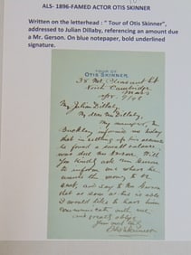 ALS, Otis Skinner, famed actor, dated 1896, Written on letterhead, "Tour of Otis Skinner", addressed