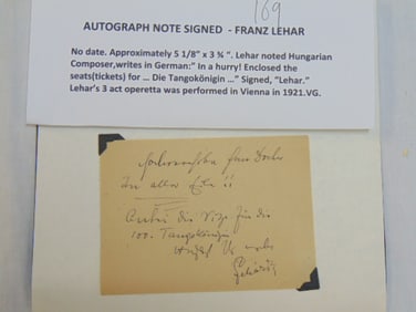 Signed autograph note, Franz Lehar, not dated, Lehar writes in German "In a Hurry! Enclosed the
