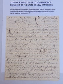 1786 four page letter to John Langdon, president of the state of New Hampshire, from London