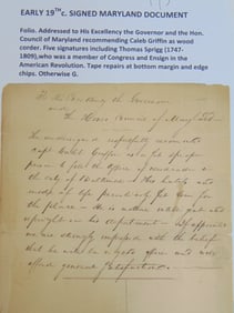 Early 19th Century Signed Maryland document, folio addressed to his Excellency the Governor and the