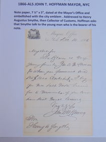 ALS, John T. Hoffman, Mayor , NYC, 1866, dated at the mayor's office and embellished with the city's
