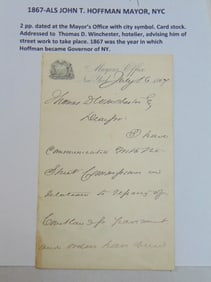 ALS, John T. Hoffman, Mayor , NYC, 1867, letter, note dated at the mayor's office with city symbol,