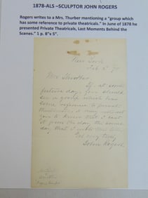 ALS sculptor John Rogers, 1878, Rogers writes to Mrs. Thurber mentioning a group which has some