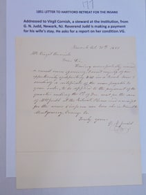 1851 letter to Hartford retreat for the insane, addressed to Virgil Cornish, a steward at the