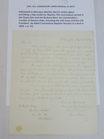 ALS 1835 Commodore James Barron, US Navy, addressed to Monsieur Martini about providing a ship