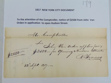 1817 New York City Document, to the attention of the comptroller, notice of $2500 from John van