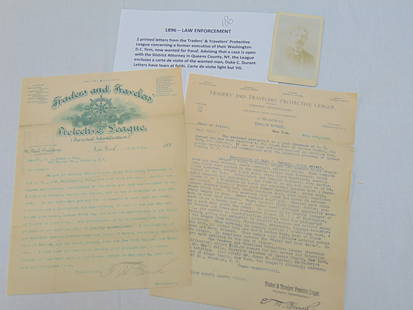 2 printed legal, law enforcement letters, 1896, from Traders & Travelers protective league: 2 printed legal, law enforcement letters, 1896, from Traders & Travelers protective league concerning a former executive of their Washington DC firm, now wanted for fraud, the league encloses a carte