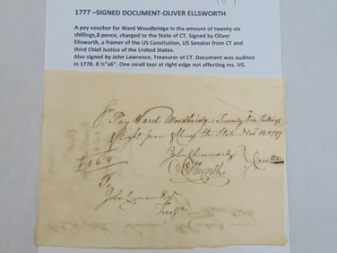Signed document, Oliver Ellsworth, 1777, a pay voucher for Ward Woodbridge in the amount of 26