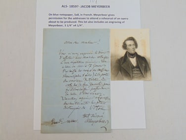 ALS, Jacob Meyerbeer, 1859 (?), on blue note paper, written in French, Meyerbeer gives permission