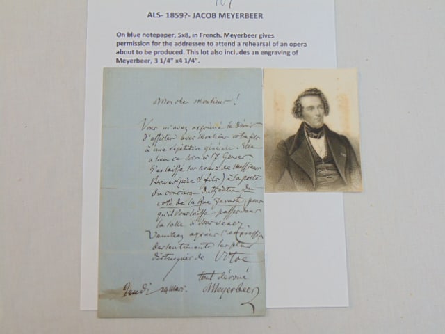 ALS, Jacob Meyerbeer, 1859 (?), on blue note paper, written in French, Meyerbeer gives permission (1 of 4)