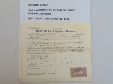 Revenue stamp, $2.50 Washington Inland Exchange Internal Revenue, Quit claim deed, March 15, 1866,