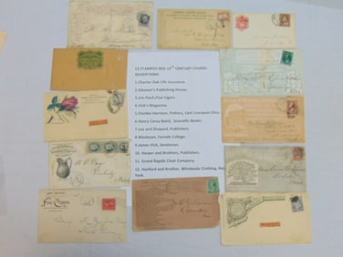 12 stamped mid 19th Century covers, advertising including Charter Oak Life Insurance; Gleason's