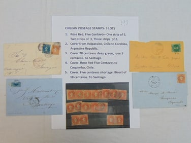 5 Chilean stamps & covers with postage stamps, strip 5 Centavos, cover from Valparaiso, see images