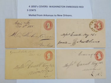 4 1850's covers with Washington embossed 3 cents, mailed from Arkansas to New Orleans.