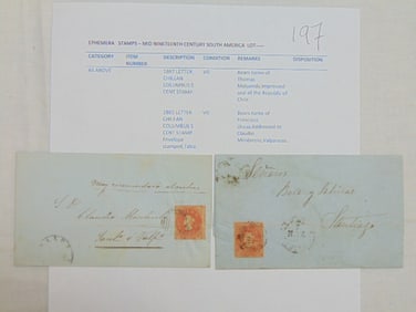 2 Chilean covers with stamps, 1867 letter with Columbus 5 cent stamp, bears name of Thomas Maluenda