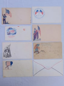 Lot of 8 patriotic covers with various U.S. flag decorations, "We are all Here"; "The Quaker Bonnet