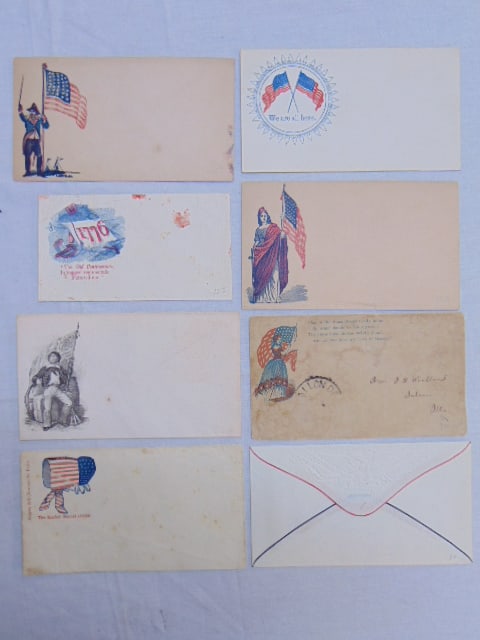Lot of 8 patriotic covers with various U.S. flag decorations, "We are all Here"; "The Quaker Bonnet (1 of 9)