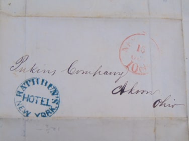 Letter with hotel forwarder, Rathbun's Hotel, NY to Akron Ohio, cloth Co, 1847, ex Kelleher Auctions