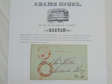 Illustrated Hotel advertising, Adams House, Boston Massachusetts, to Sanbornton Bridge, NH, 1847,