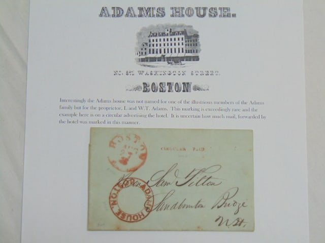 Illustrated Hotel advertising, Adams House, Boston Massachusetts, to Sanbornton Bridge, NH, 1847, (1 of 8)