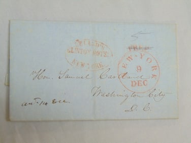 Letter with hotel stamp, Leland's Clinton Hotel, NY to Washington D.C., writer of letter, Warren