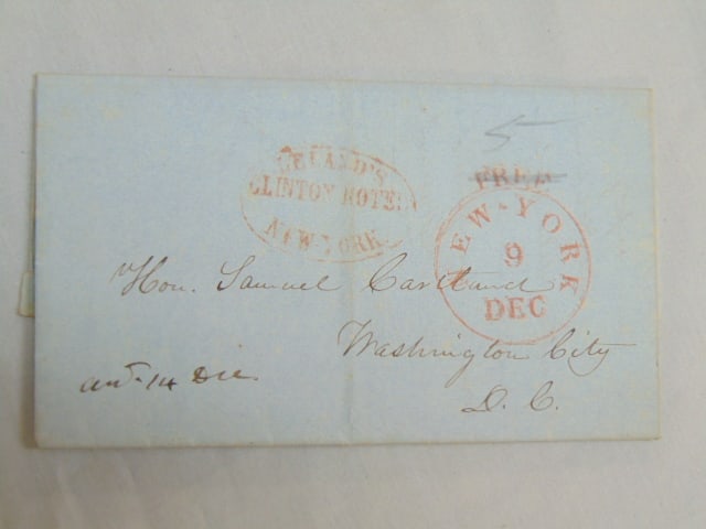 Letter with hotel stamp, Leland's Clinton Hotel, NY to Washington D.C., writer of letter, Warren (1 of 8)