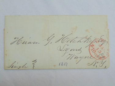 Hotel mark paper, French's Hotel, New York City to Lyons, NY, 1851, red stamp on flap