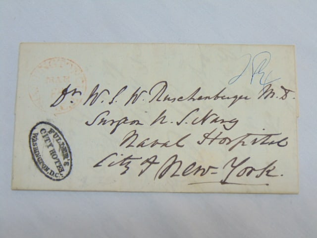 Letter with hotel stamp, Fuller's City Hotel, Washington DC to Naval Hospital, NY, 1844, addressed (1 of 9)
