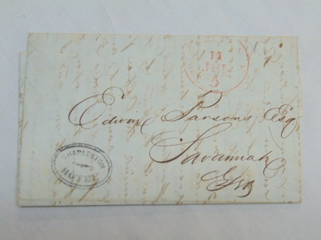 Letter with hotel stamp, Charleston Hotel to Savannah, GA, 1847, 2 pages, addressed to Edwin: Letter with hotel stamp, Charleston Hotel to Savannah, GA, 1847, 2 pages, addressed to Edwin Parsons, Esq.