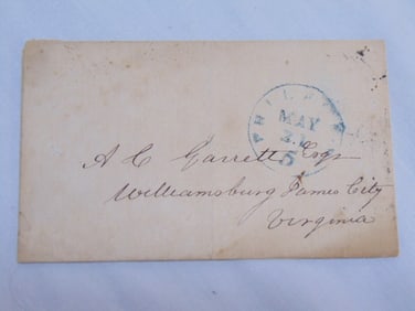 Hotel mark cover, Columbia House Philadelphia to Williamsburg, James City, VA, 1840's, missing piece