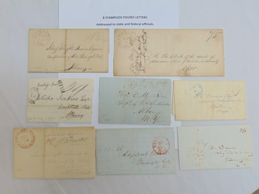 8 stampless folded letters, addressed to state & federal officials, including customs, NY State