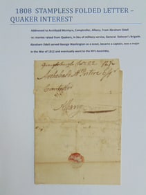 1808 stampless folded letter Quaker interest addressed to Archibald McIntyre, comptroller Albany,