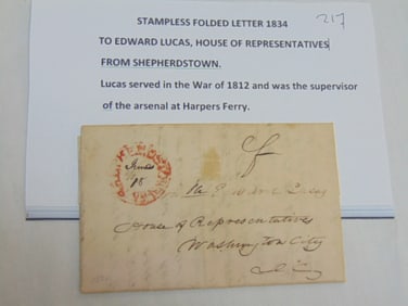 Stampless folded letter, 1834 to Edward Lucas, House of Representatives from Shepherdstown to