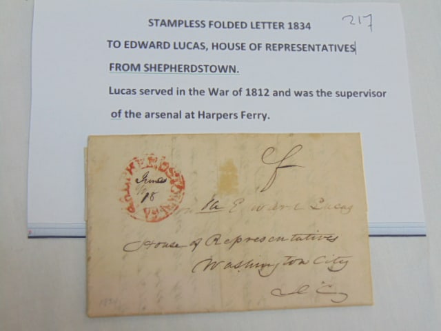 Stampless folded letter, 1834 to Edward Lucas, House of Representatives from Shepherdstown to: Stampless folded letter, 1834 to Edward Lucas, House of Representatives from Shepherdstown to Washington City, with red stamp