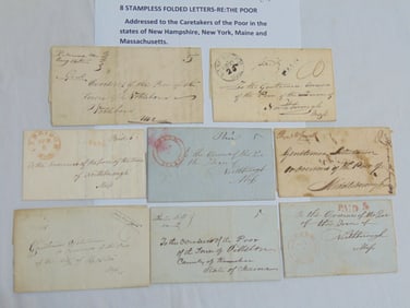 8 stampless folded letters addressed to caretakers of the poor in New Hampshire, New York, Maine &