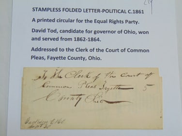Stampless folded political letter, printed circular for the equal rights party, "Equal Rights. For