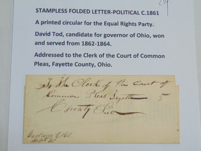 Stampless folded political letter, printed circular for the equal rights party, "Equal Rights. For (1 of 4)