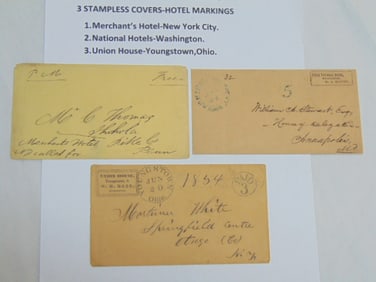 3 stampless covers with hotel markings, Union House, Youngstown Ohio, 1854; National Hotel
