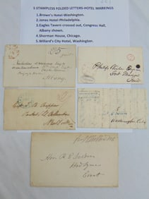 5 stampless folded letters with hotel markings, Jones Hotel, Philadelphia to New York; Browns Hotel,